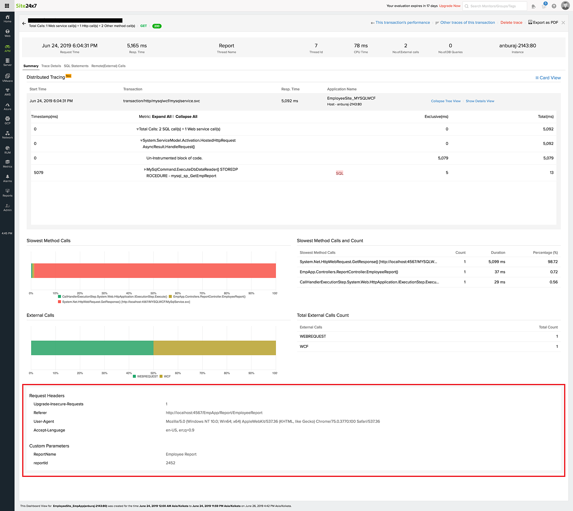 apm-net-parameters Traces summary tab