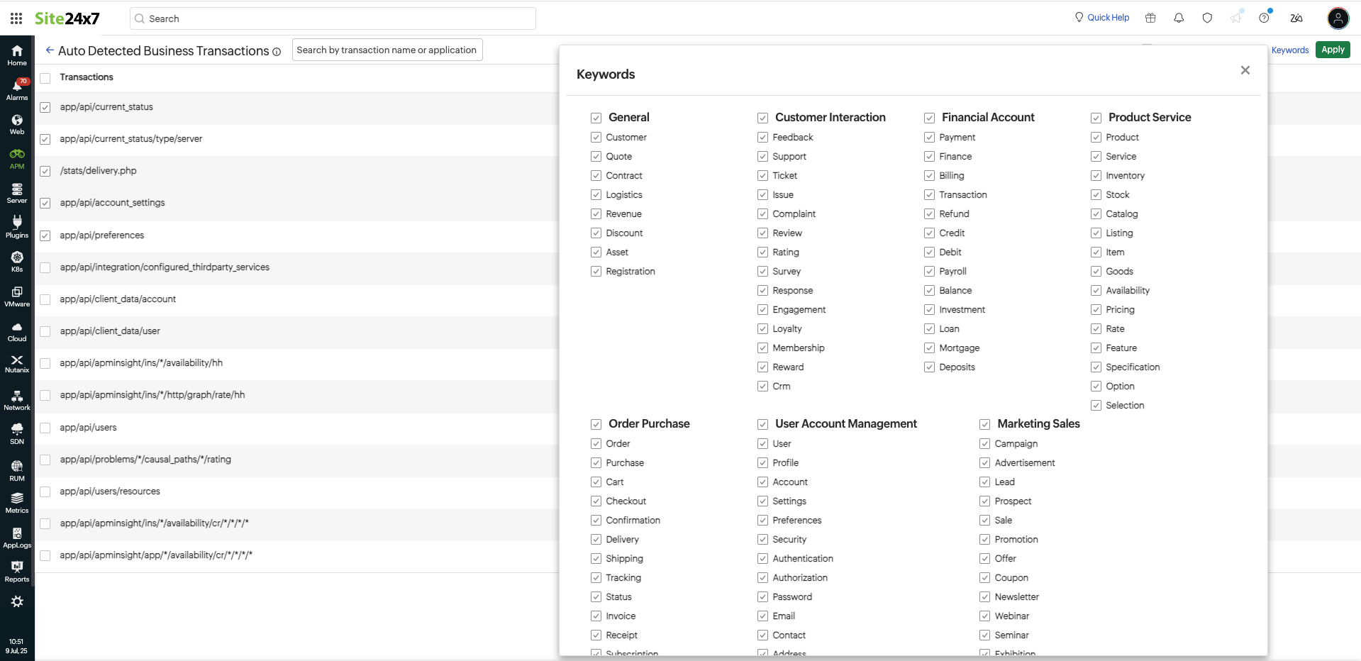 Keywords link in Auto Detect Business Transactions