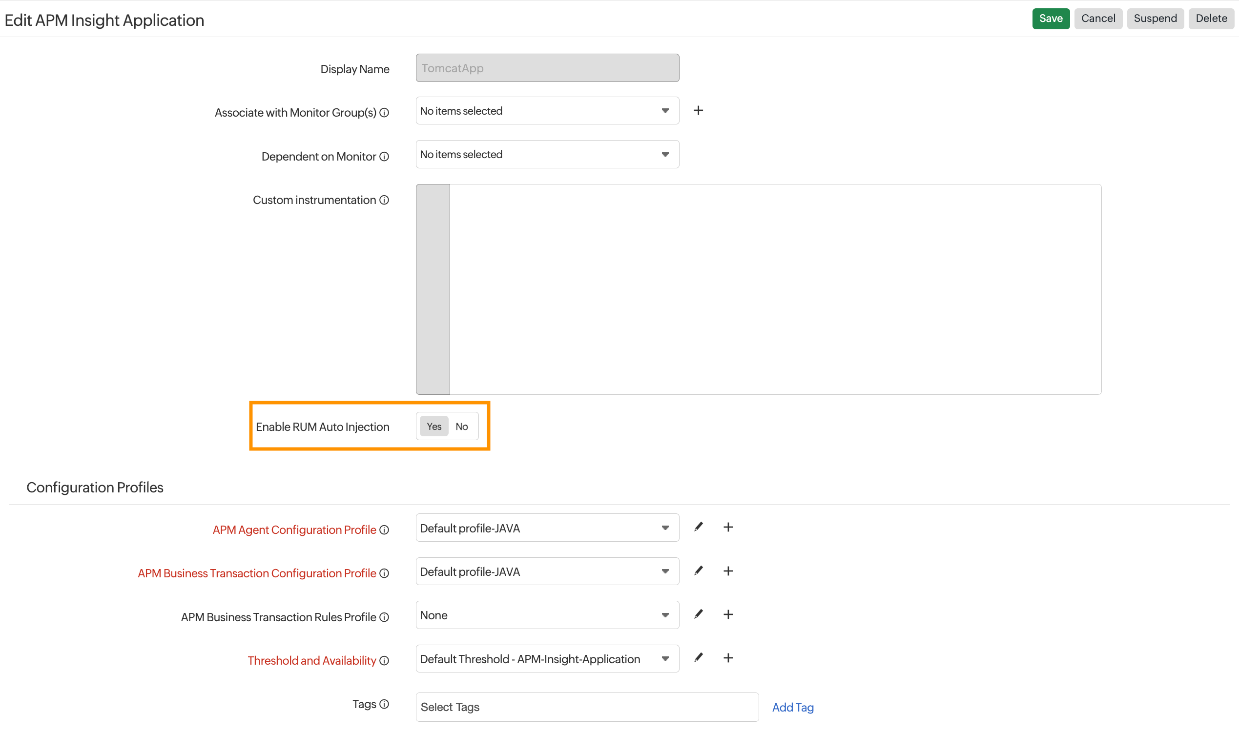 Auto RUM Injection toggle