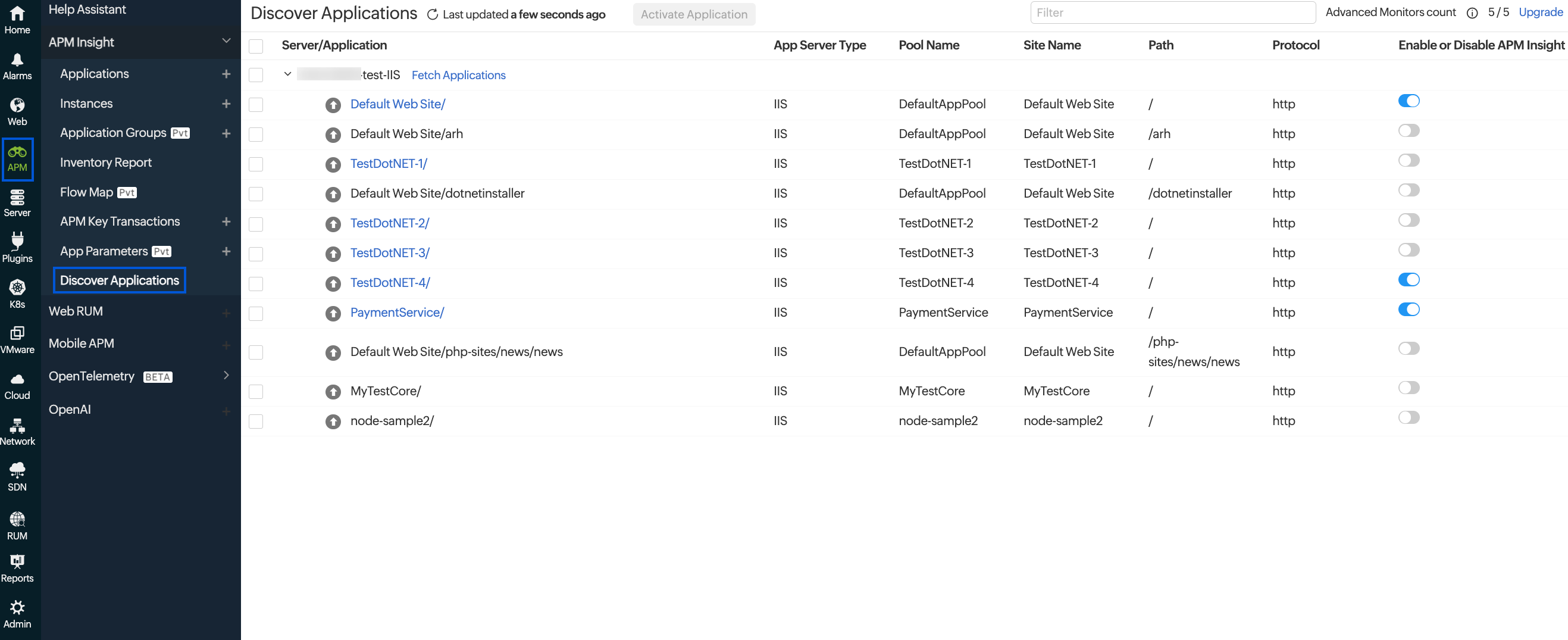 Discover applications in APM Insight