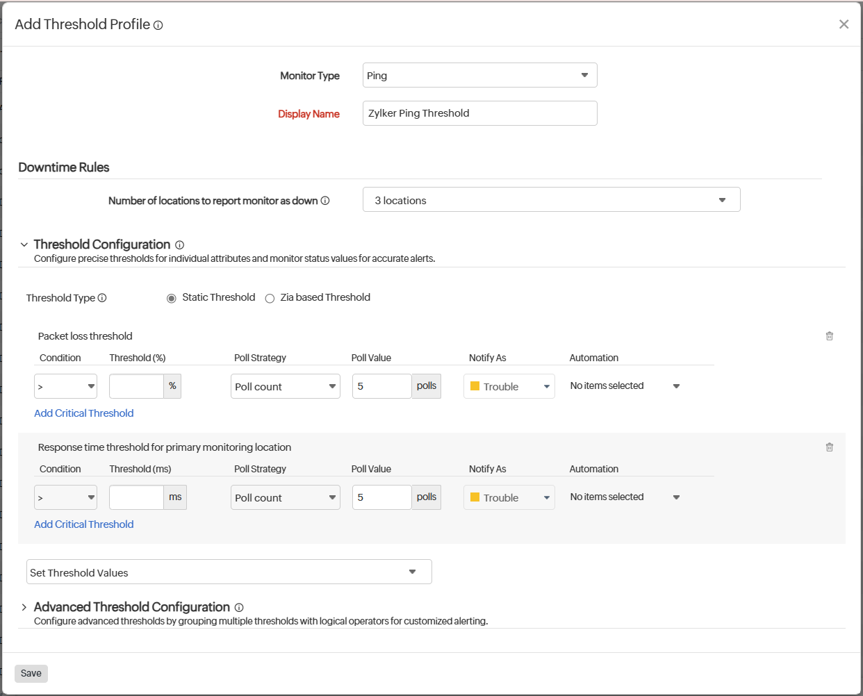 Learn how to configure threshold settings for a ping monitor