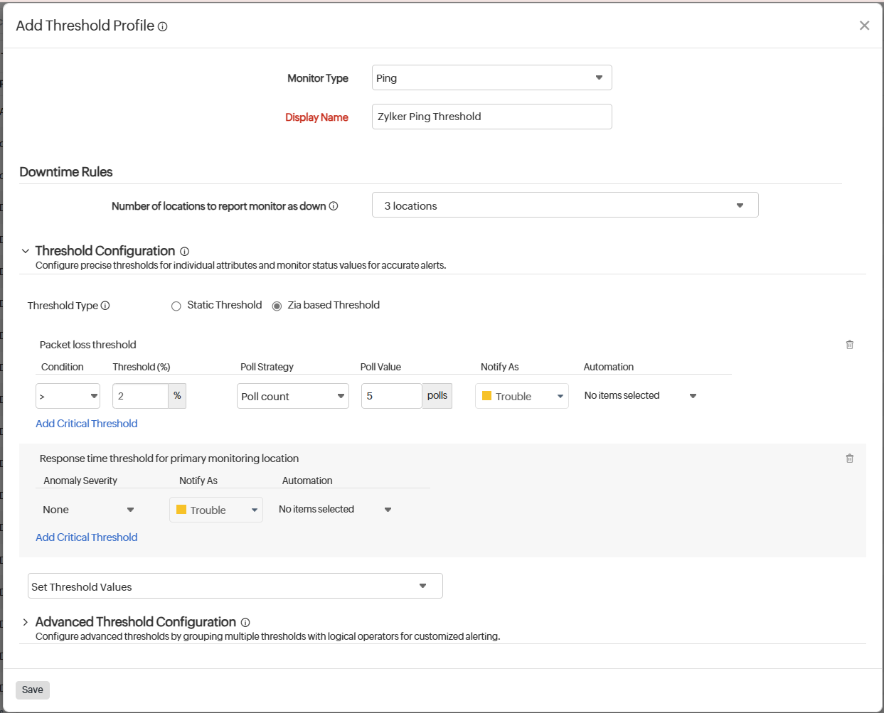 Learn how to configure threshold settings for a ping monitor