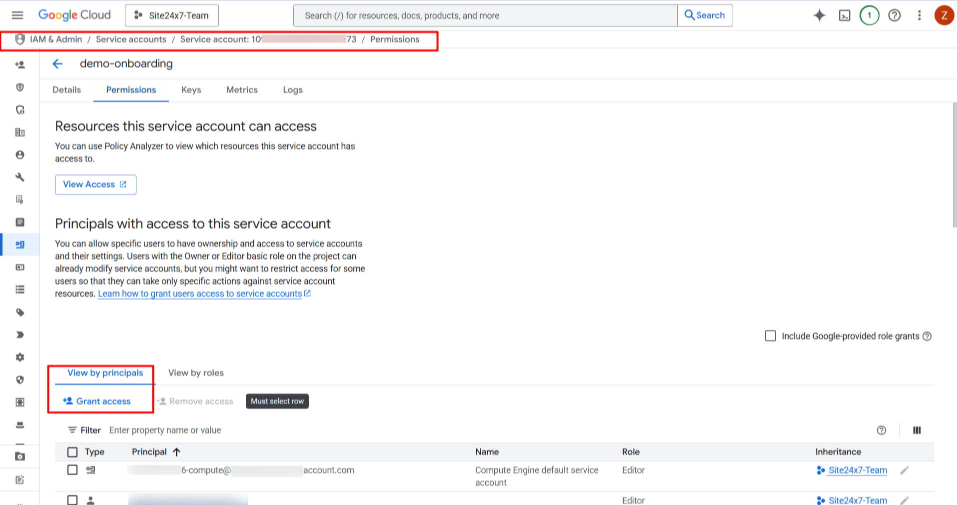google cloud console permissions tab