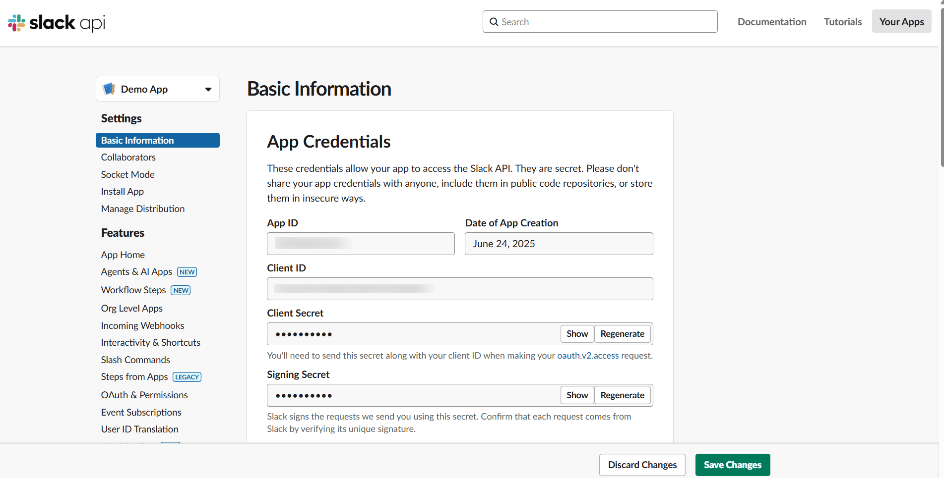 Slack App Credentials