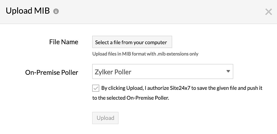 uploading-mib Uploading MIBs on the Upload MIB screen.