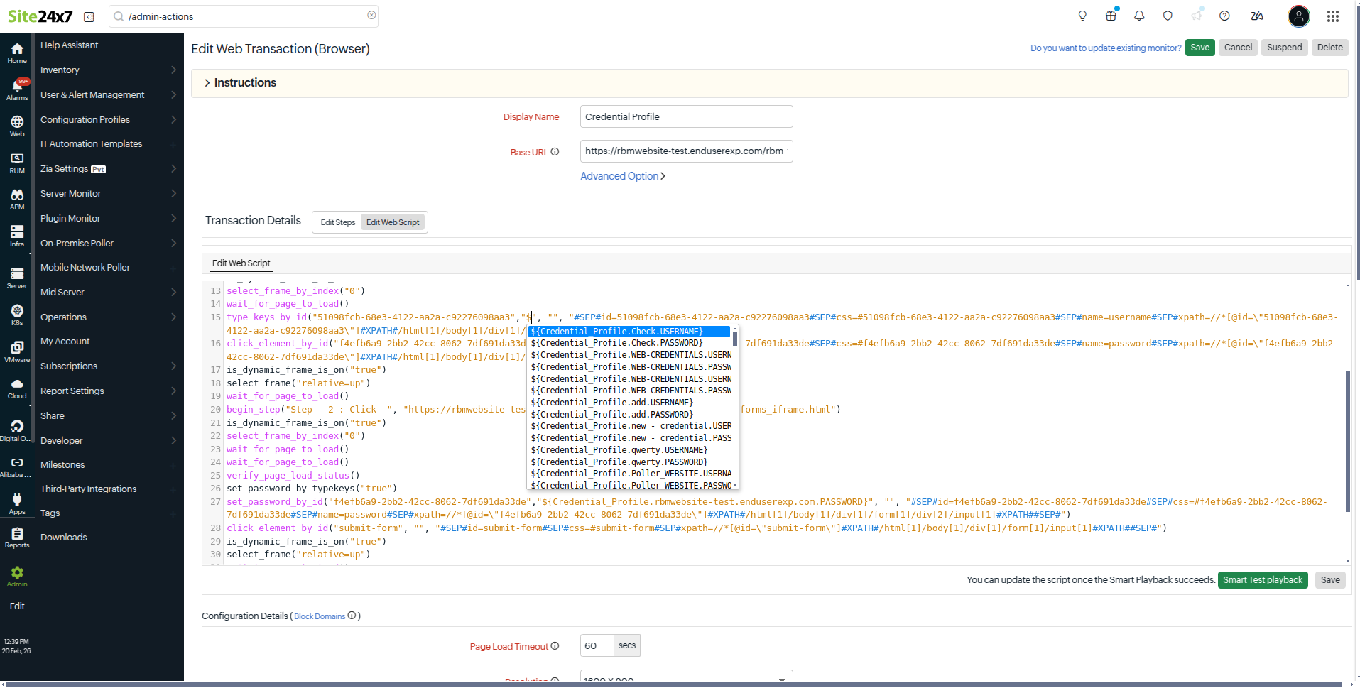 Web script edit credential profile