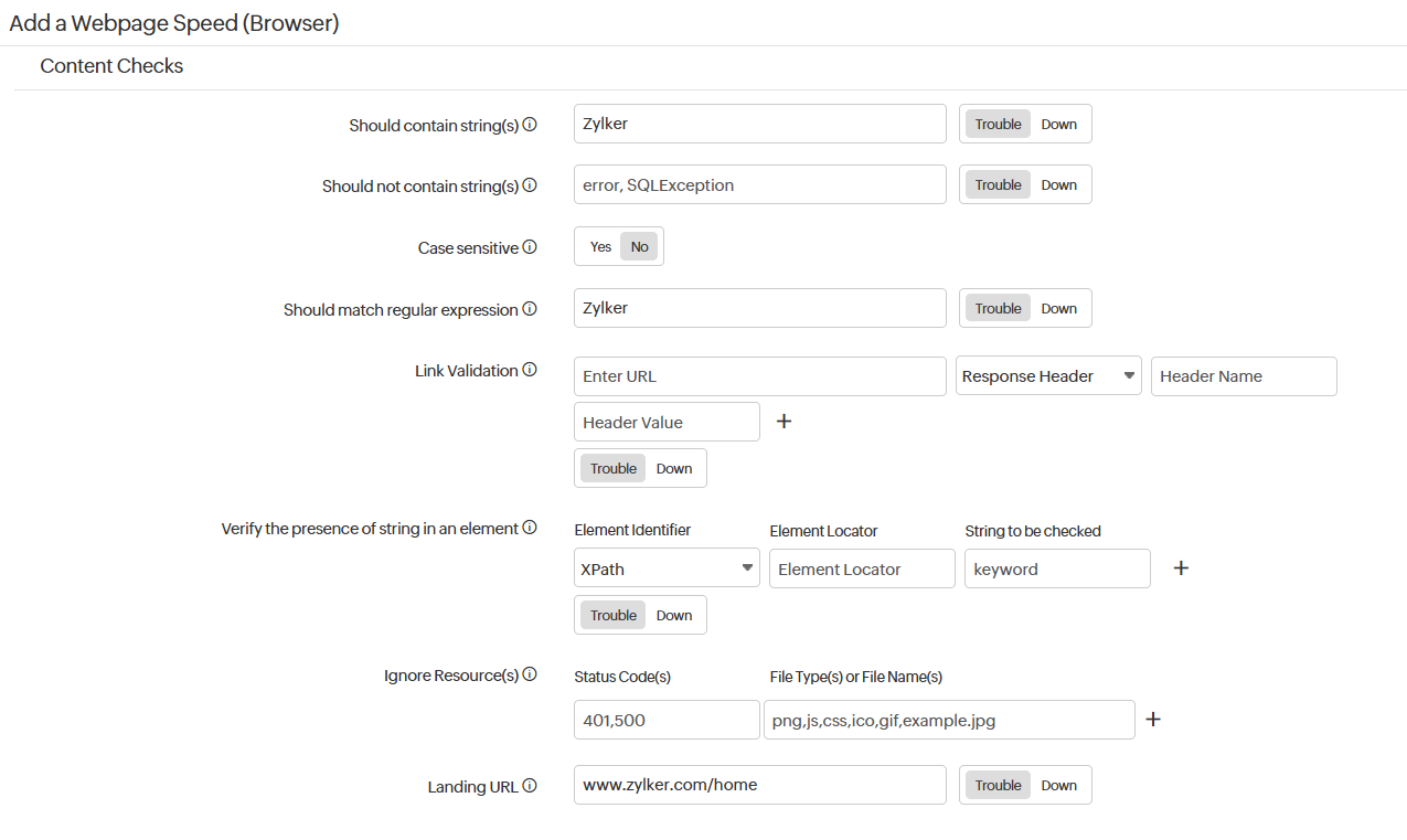 content checks for web page speed (browser)